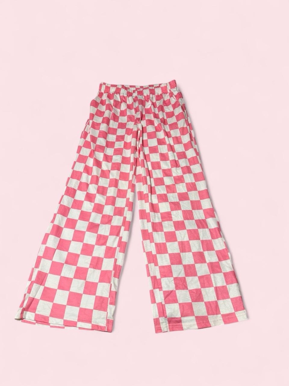 Pink and White Checkerboard Wide-Leg Pants